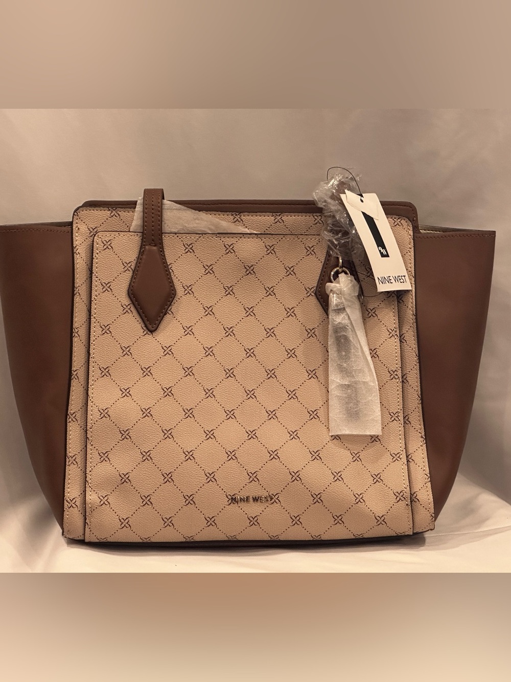 NWT Nine West Monogram Tote Bag Beige Brown Large Shoulder Bag Zip Center